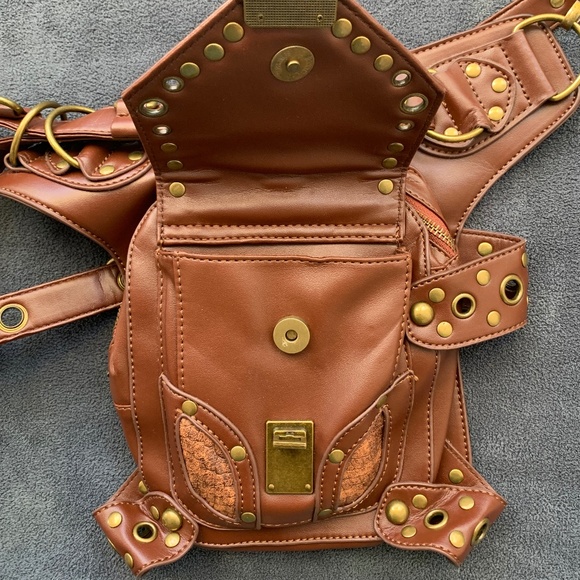 Steampunk Brown Leather Holster Bag • Multi Strap Hip / Thigh / Leg Bag - Picture 2 of 6